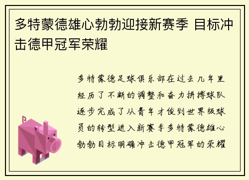 多特蒙德雄心勃勃迎接新赛季 目标冲击德甲冠军荣耀